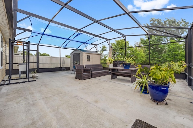 1848 Ancestry Trl, Kissimmee, FL 34746 - view of patio / terrace featuring a storage unit, an outdoor hangout area, and glass enclosure