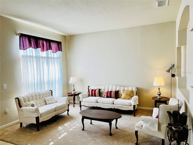 2920 River Birch Dr, Kissimmee, FL 34741 - living room featuring a textured wall, a textured ceiling, baseboards, and visible vents