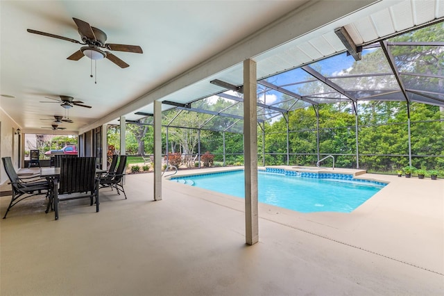 1999 Sir Lancelot Cir, Saint Cloud, FL 34772 - outdoor pool with glass enclosure, a patio area, outdoor dining space, and ceiling fan