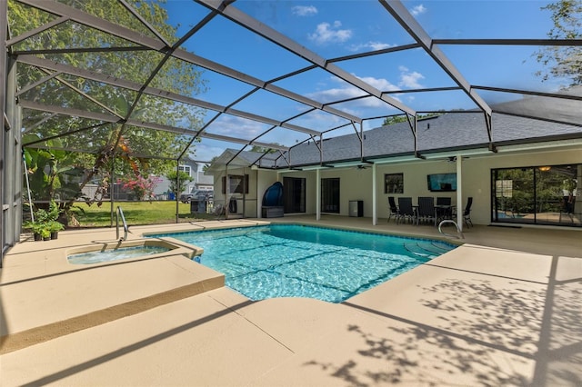 1999 Sir Lancelot Cir, Saint Cloud, FL 34772 - view of pool featuring glass enclosure, a pool with connected hot tub, a patio, and ceiling fan