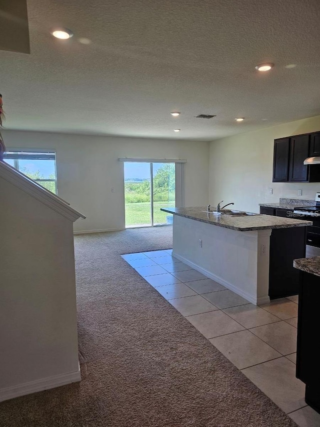 kitchen with recessed lighting, light stone counters, and light carpet