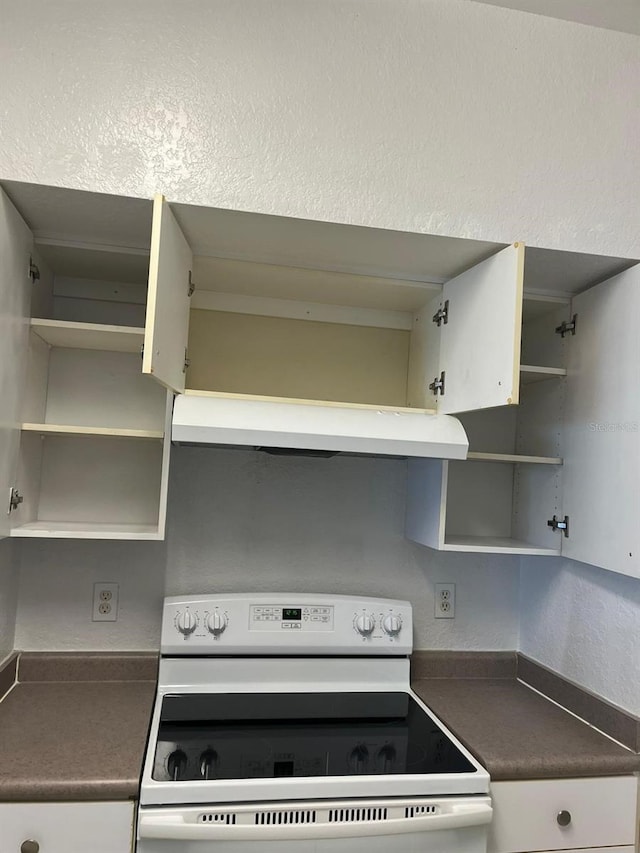 2314 Midtown Ter Unit 1113, Orlando, FL 32839 - kitchen with white electric range oven, dark countertops, under cabinet range hood, and open shelves