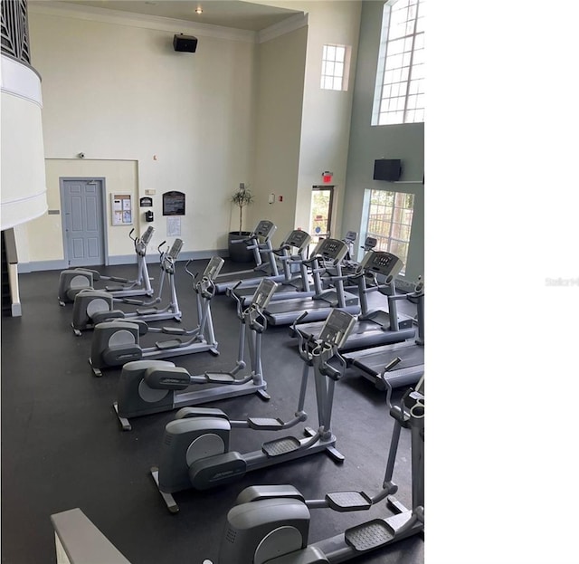 2314 Midtown Ter Unit 1113, Orlando, FL 32839 - exercise room with a high ceiling, ornamental molding, and baseboards