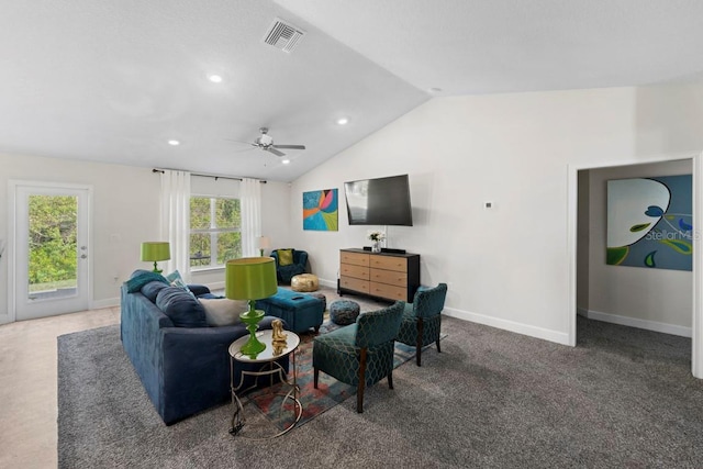 311 Athabasca Pl, Kissimmee, FL 34759 - living area featuring baseboards, lofted ceiling, ceiling fan, and visible vents