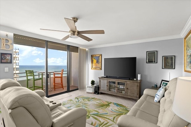 2828 N Atlantic Ave Unit 1903, Daytona Beach, FL 32118 - living area featuring crown molding and ceiling fan
