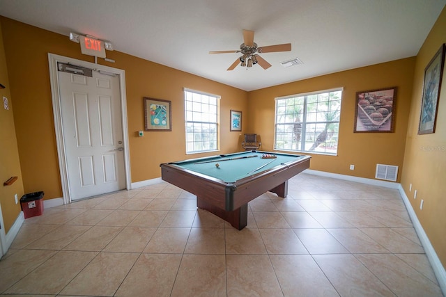 playroom with ceiling fan, baseboards, billiards, and light tile patterned floors