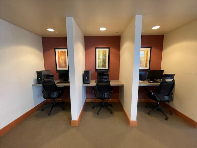 home office with baseboards, carpet floors, and recessed lighting