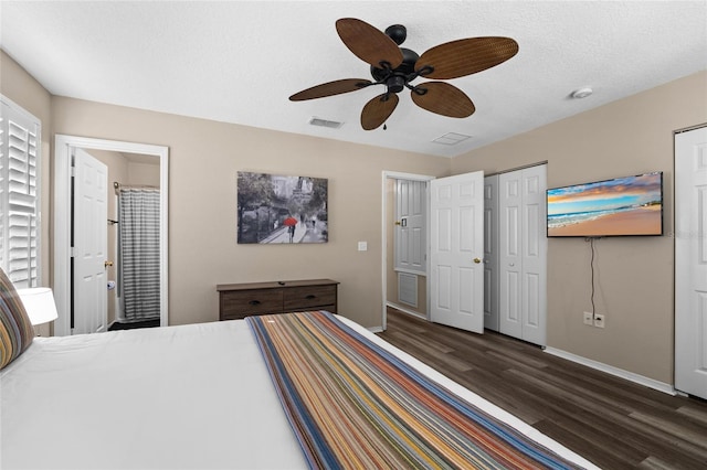 5101 Staniard Dr, Kissimmee, FL 34746 - unfurnished bedroom featuring a textured ceiling, a ceiling fan, visible vents, wood finished floors, and baseboards