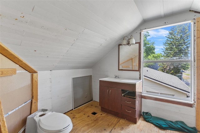 514 Massachusetts Ave, Saint Cloud, FL 34769 - half bath with toilet, vanity, hardwood / wood-style flooring, and lofted ceiling