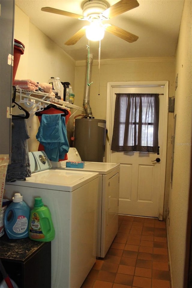 laundry room with independent washer and dryer, laundry area, a ceiling fan, and electric water heater
