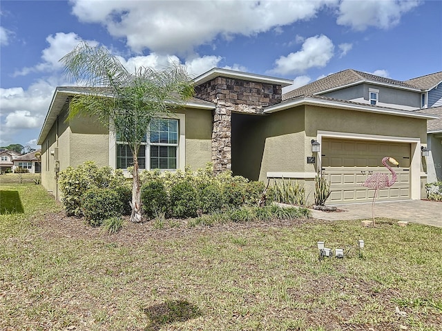 195 Preston Ave, Davenport, FL 33837 - view of front of house with a front lawn, a garage, driveway, stone siding, and stucco siding