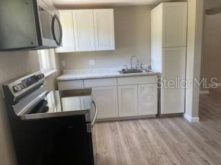 3135 Old Dixie Hwy, Auburndale, FL 33823 - kitchen with stainless steel microwave, range with electric stovetop, light wood finished floors, and a sink