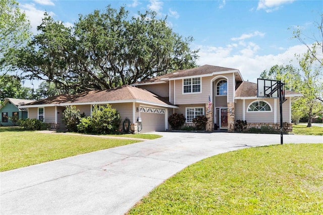 1730 King Henry Dr, Kissimmee, FL 34744 - traditional-style house with stone siding, driveway, an attached garage, and a front lawn