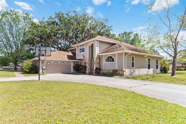 1730 King Henry Dr, Kissimmee, FL 34744 - view of front of property featuring stone siding, an attached garage, concrete driveway, and a front yard