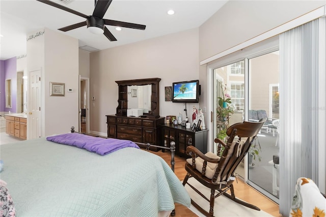 1730 King Henry Dr, Kissimmee, FL 34744 - bedroom with ensuite bathroom, light wood finished floors, access to outside, recessed lighting, and a ceiling fan
