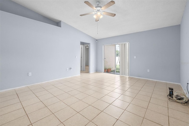 101 Cheltenham Pl, Kissimmee, FL 34758 - empty room featuring a ceiling fan, light tile patterned flooring, lofted ceiling, and a textured ceiling