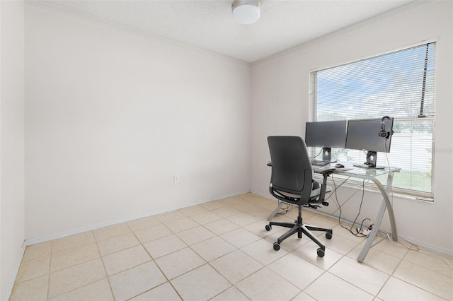 101 Cheltenham Pl, Kissimmee, FL 34758 - office area with baseboards, a textured ceiling, tile patterned flooring, and crown molding