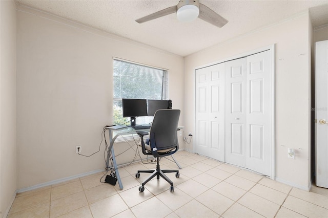 101 Cheltenham Pl, Kissimmee, FL 34758 - office with a textured ceiling, crown molding, baseboards, ceiling fan, and light tile patterned floors