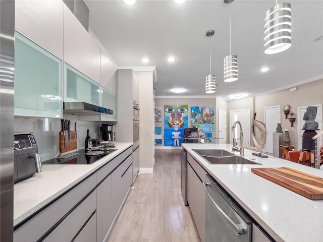 1911 Greenbriar Ter, Davenport, FL 33837 - kitchen featuring ornamental molding, decorative light fixtures, light wood-style floors, dishwasher, and a sink
