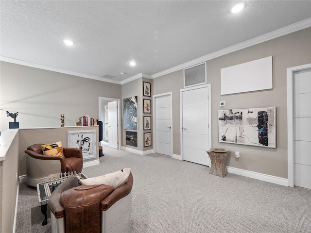 1911 Greenbriar Ter, Davenport, FL 33837 - living area featuring ornamental molding, baseboards, carpet floors, and a textured ceiling