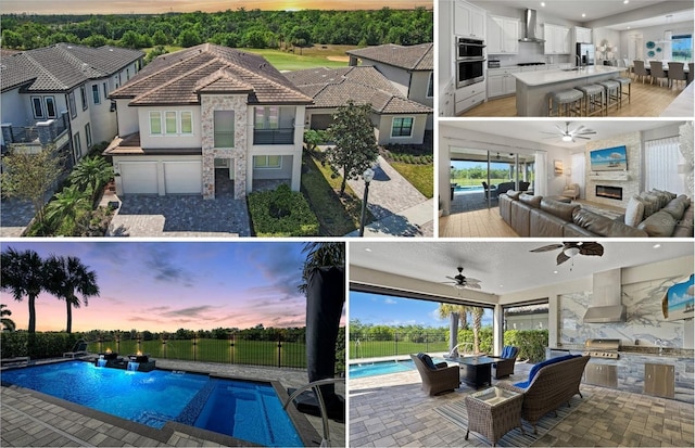 exterior space with fence, ceiling fan, area for grilling, and a fenced in pool