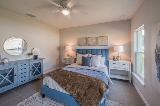 848 San Pedro Ct, Kissimmee, FL 34758 - bedroom featuring dark tile patterned floors, visible vents, baseboards, and a ceiling fan