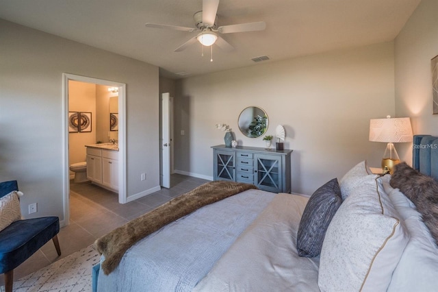 848 San Pedro Ct, Kissimmee, FL 34758 - bedroom with connected bathroom, a ceiling fan, tile patterned flooring, visible vents, and a sink
