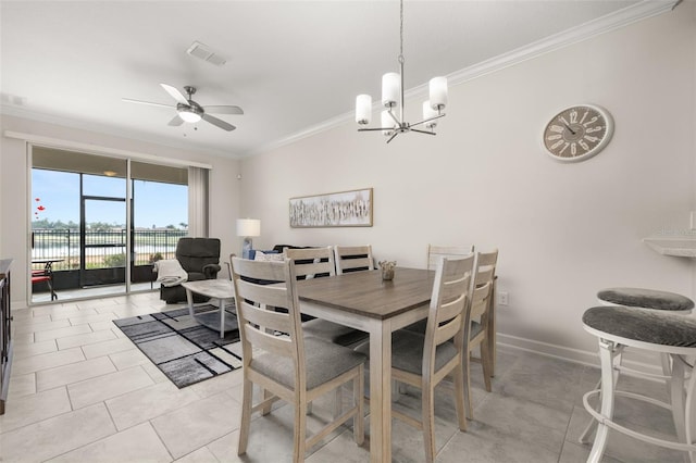 dining space with visible vents, baseboards, light tile patterned floors, crown molding, and ceiling fan with notable chandelier