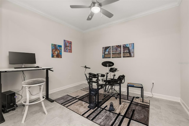 office with ornamental molding, baseboards, a ceiling fan, and light tile patterned floors