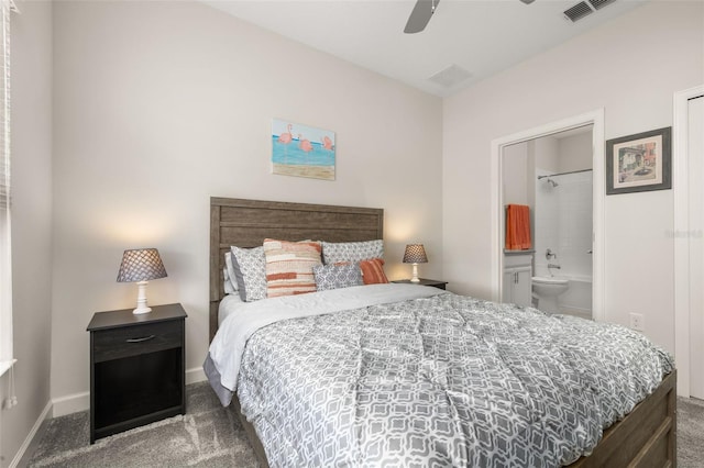 bedroom with baseboards, ensuite bathroom, a ceiling fan, carpet floors, and visible vents