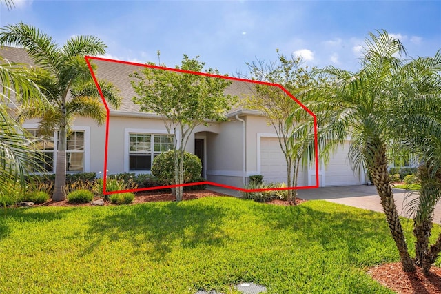 view of front of home with driveway, a front lawn, a garage, and stucco siding