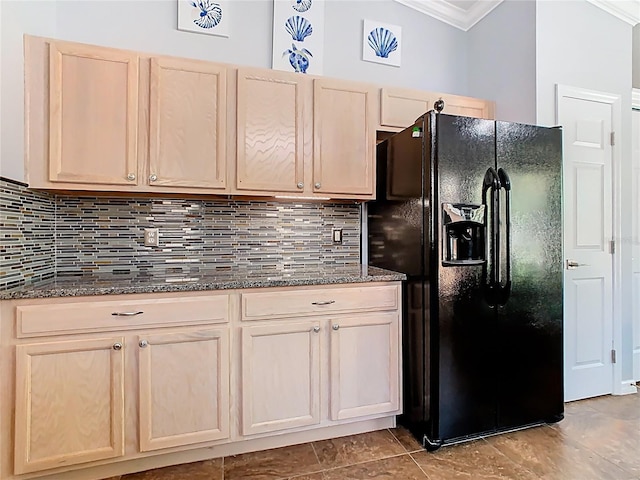 524 Grand Canal Dr, Poinciana, FL 34759 - kitchen featuring light brown cabinets, tasteful backsplash, crown molding, and black fridge with ice dispenser