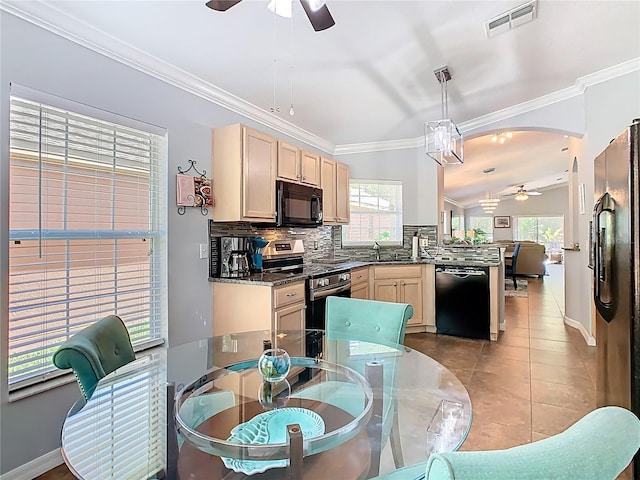 524 Grand Canal Dr, Poinciana, FL 34759 - kitchen featuring tasteful backsplash, light tile patterned floors, a ceiling fan, visible vents, and black appliances