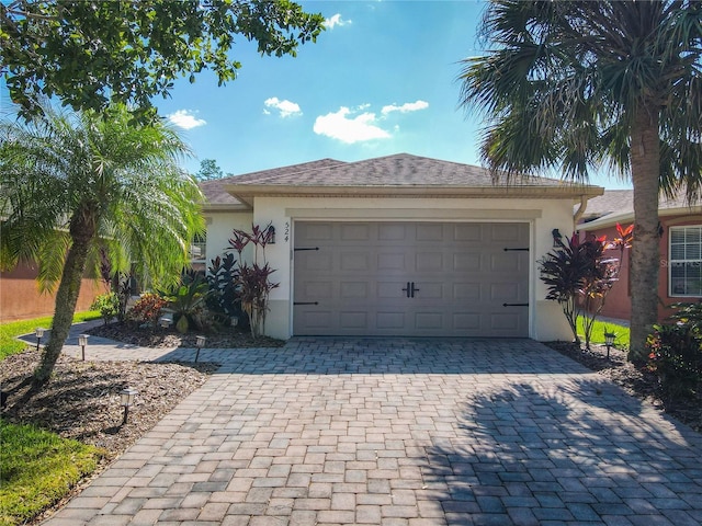 524 Grand Canal Dr, Poinciana, FL 34759 - view of front facade with roof with shingles, a garage, stucco siding, and decorative driveway