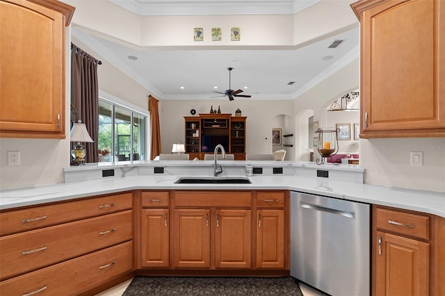 133 Torino Ln, Kissimmee, FL 34759 - kitchen featuring stainless steel dishwasher, a peninsula, ceiling fan, arched walkways, and recessed lighting