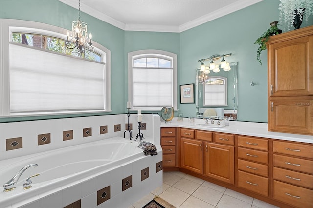 133 Torino Ln, Kissimmee, FL 34759 - bathroom featuring a chandelier, a bath, tile patterned flooring, vanity, and plenty of natural light