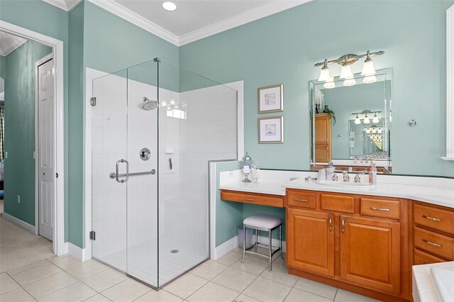 133 Torino Ln, Kissimmee, FL 34759 - bathroom featuring crown molding, a stall shower, vanity, and tile patterned flooring