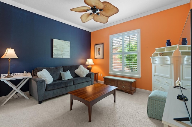 133 Torino Ln, Kissimmee, FL 34759 - living room with light colored carpet, ornamental molding, and a ceiling fan