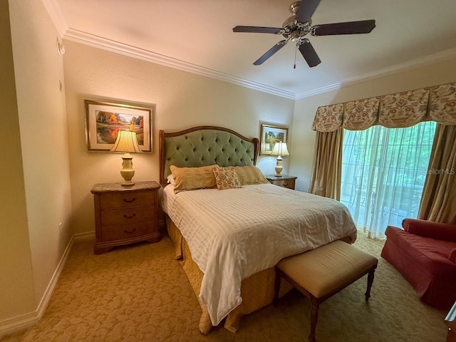 bedroom featuring access to outside, light carpet, baseboards, and ornamental molding
