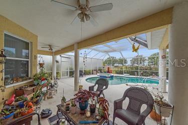 18011 Prairie Wolf Gln, Parrish, FL 34219 - view of swimming pool with glass enclosure, a patio, a pool with connected hot tub, and a ceiling fan