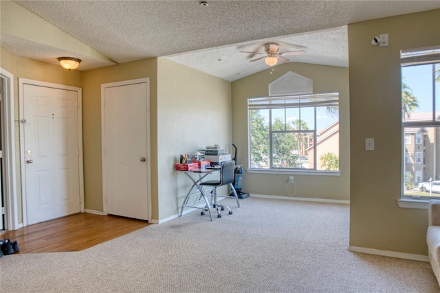 4105 Tropical Isle Blvd Unit 231, Kissimmee, FL 34741 - carpeted office featuring a textured ceiling, ceiling fan, lofted ceiling, and plenty of natural light