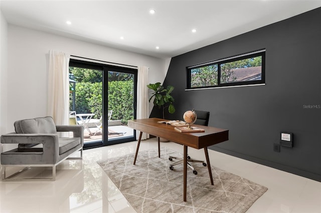 office space featuring light tile patterned floors and recessed lighting