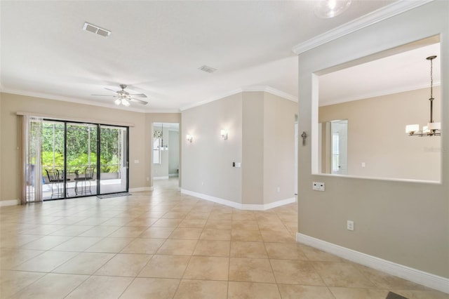 unfurnished room featuring crown molding, light tile patterned flooring, visible vents, and ceiling fan with notable chandelier