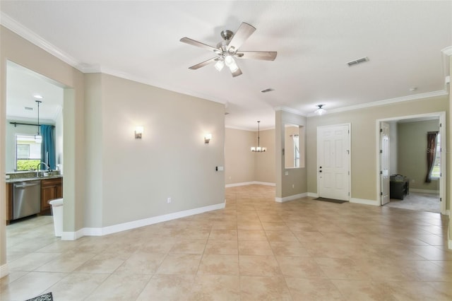 empty room featuring visible vents, ornamental molding, ceiling fan with notable chandelier, and light tile patterned flooring