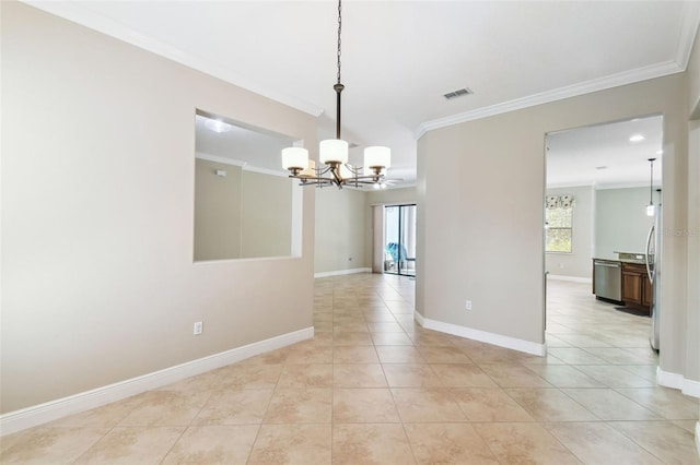 unfurnished room with crown molding, visible vents, a chandelier, and a healthy amount of sunlight