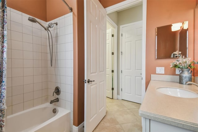 bathroom featuring shower / tub combo, vanity, and tile patterned flooring