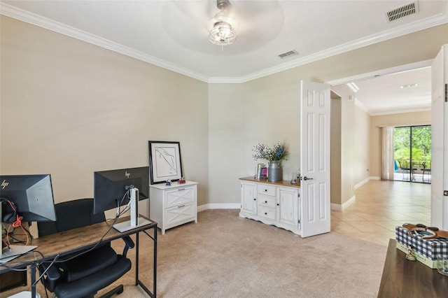 home office with ceiling fan, crown molding, visible vents, and baseboards