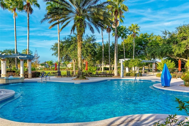 pool with a patio and a pergola