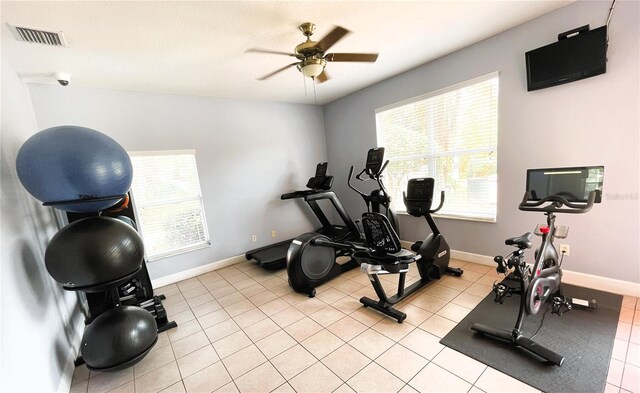 4871 Coral Castle Dr, Kissimmee, FL 34746 - workout area with baseboards, a ceiling fan, visible vents, and plenty of natural light