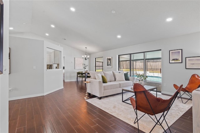 living room with vaulted ceiling, recessed lighting, a chandelier, dark wood-style flooring, and baseboards